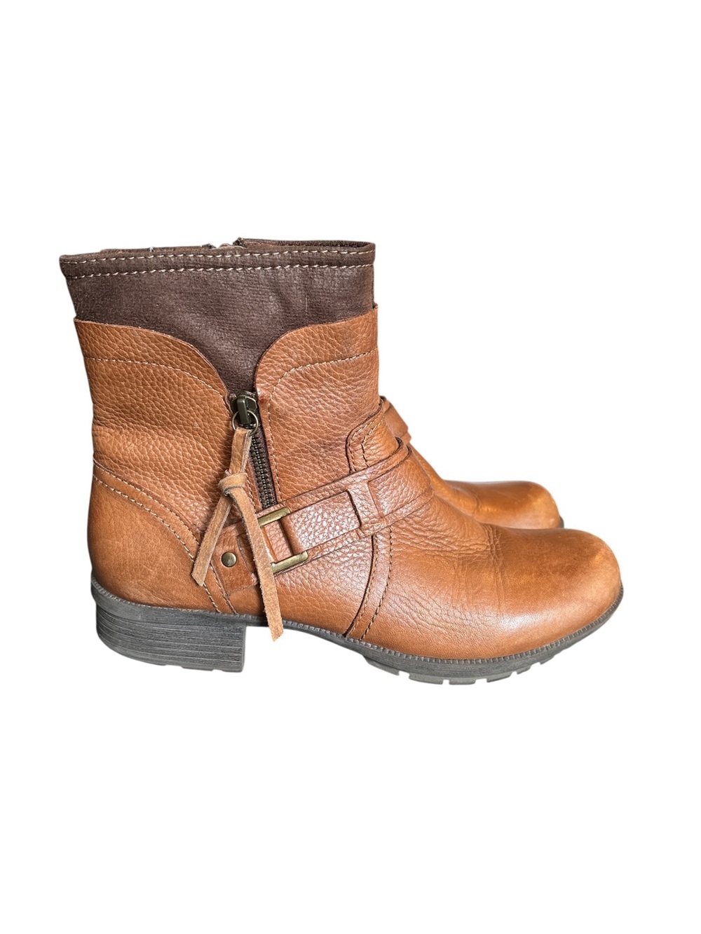Clark’s Women's Riddle Avant Tan Brown Leather Ankle Boots w/ Textile Cuff 9M